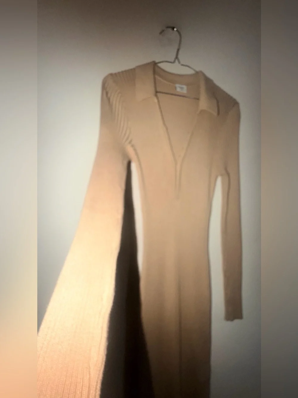 Abercrombie & Fitch Ribbed Long-Sleeve Maxi Dress in Tan